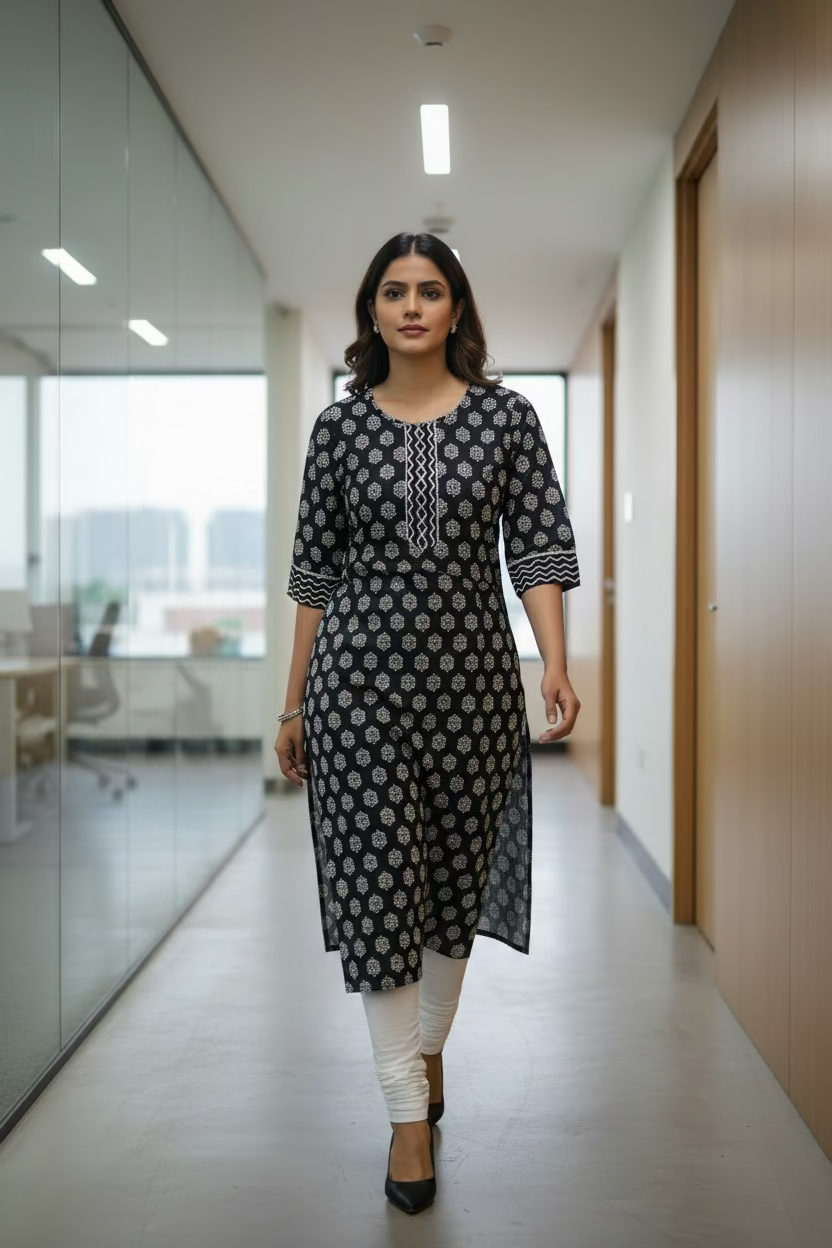 Black Printed Long Kurti for women