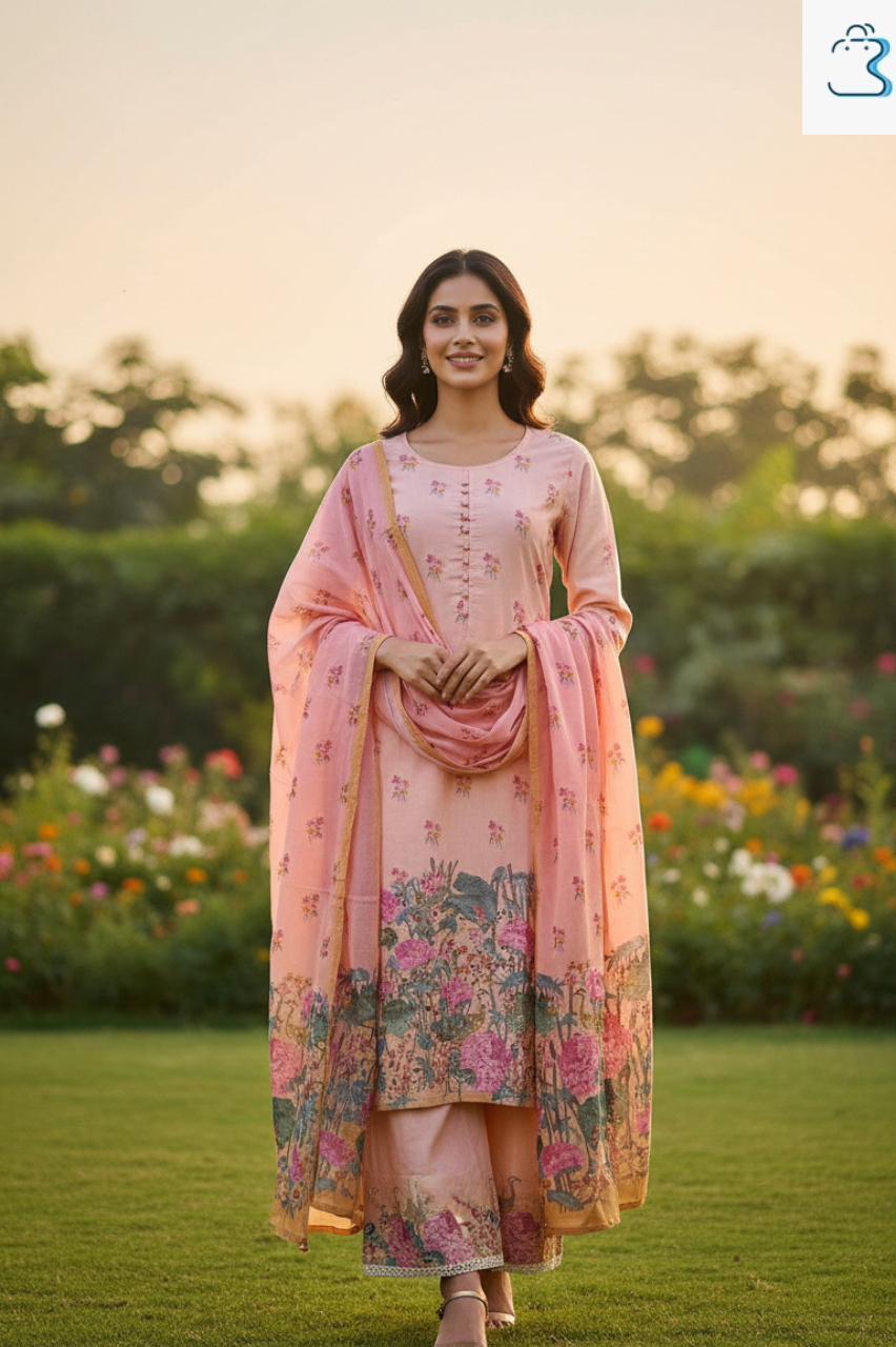 Peach Floral Printed Salwar Kameez Set with Button Detailing for Women