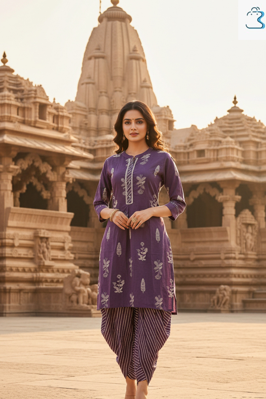 Purple Ethnic Printed Cotton Kurti  Dhoti Style Set for Women