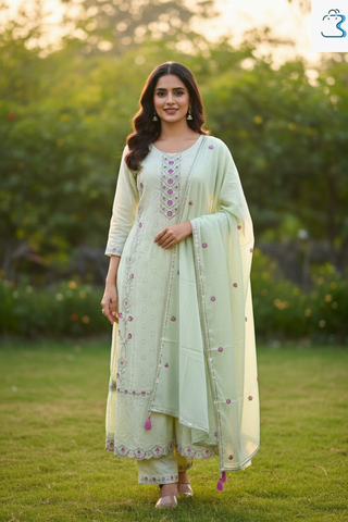 Light Pistachio Green Printed Anarkali Kurti Set for Women