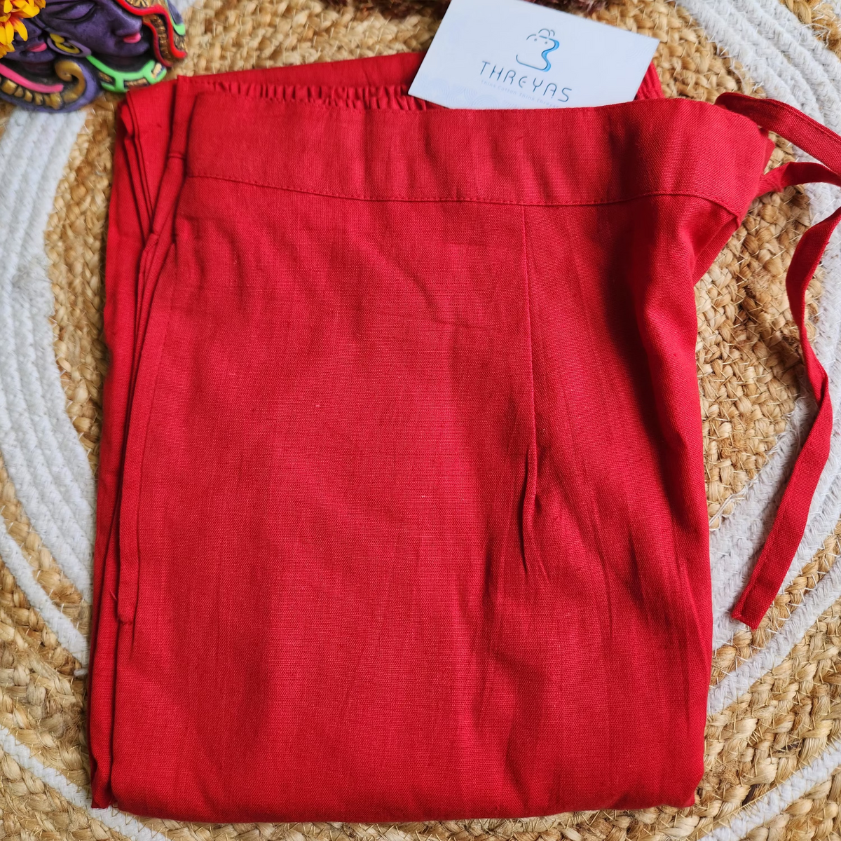 Red Solid Cotton Casual Pants for Women