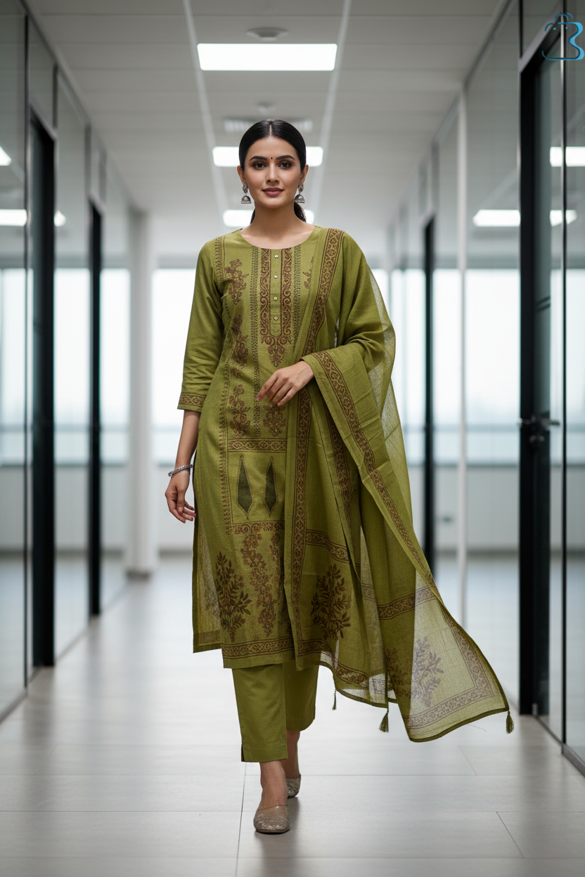 Mehandi Green Printed Straight Cotton Kurta Set with Dupatta for Women