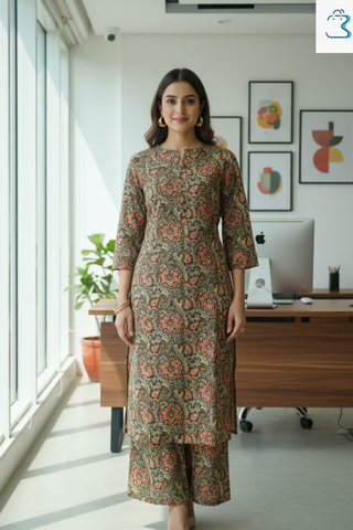 Brown Floral Kurti Set for Women – Earthy Elegance in Every Thread