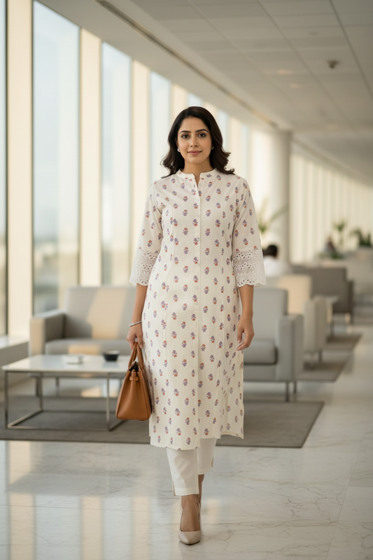 Cream Printed Long A-Line Kurti