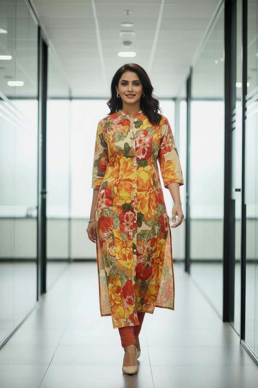 Yellow and Red Floral Printed A-Line Kurti
