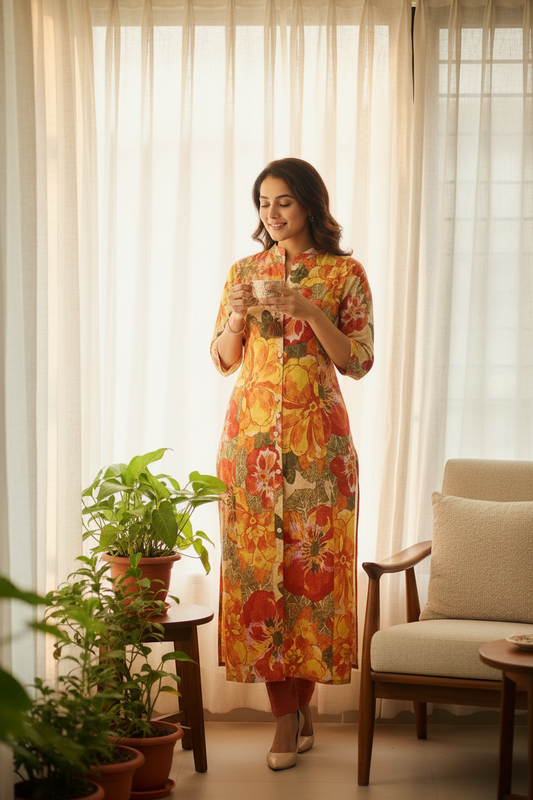 Yellow and Red Floral Printed A-Line Kurti