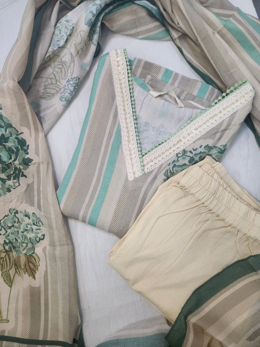 Sea Green & Beige Printed Cotton Kurta Set with Dupatta for Women