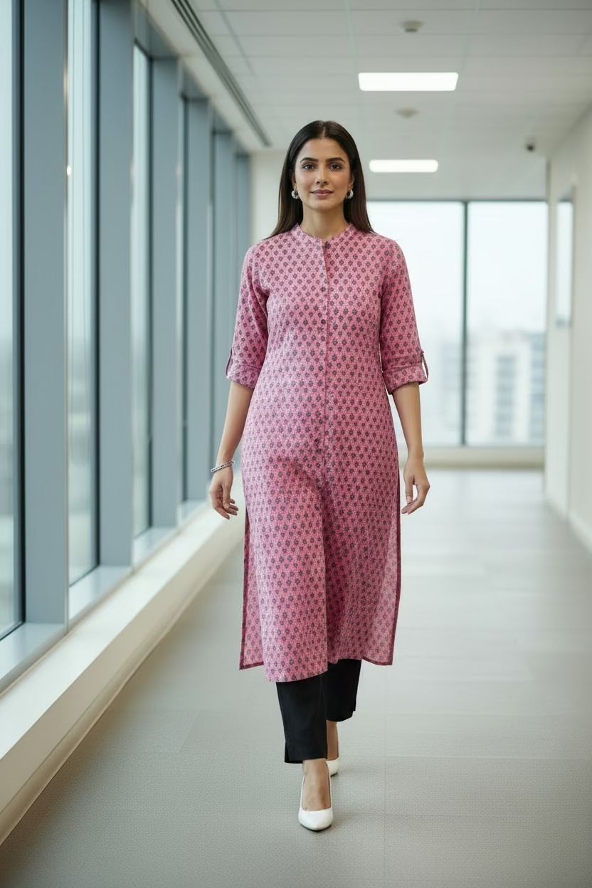Pink Printed Long A-Line Kurti