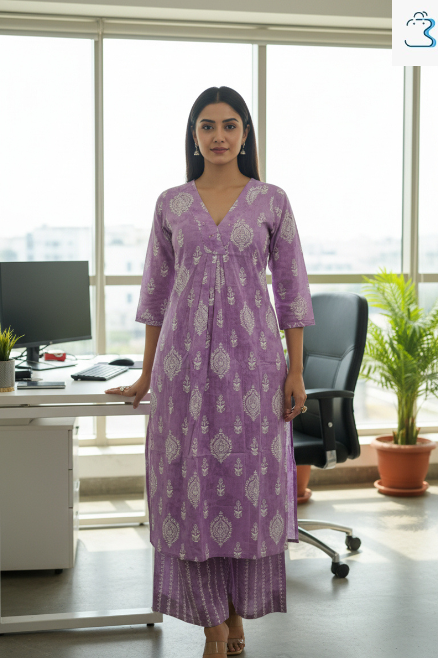 Lavender White A-Line Cotton Kurti Set for Women