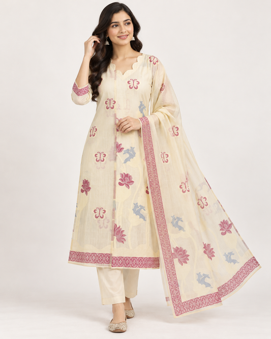 Half White Jamdhani Butterfly weaving Dupatta Set For Women
