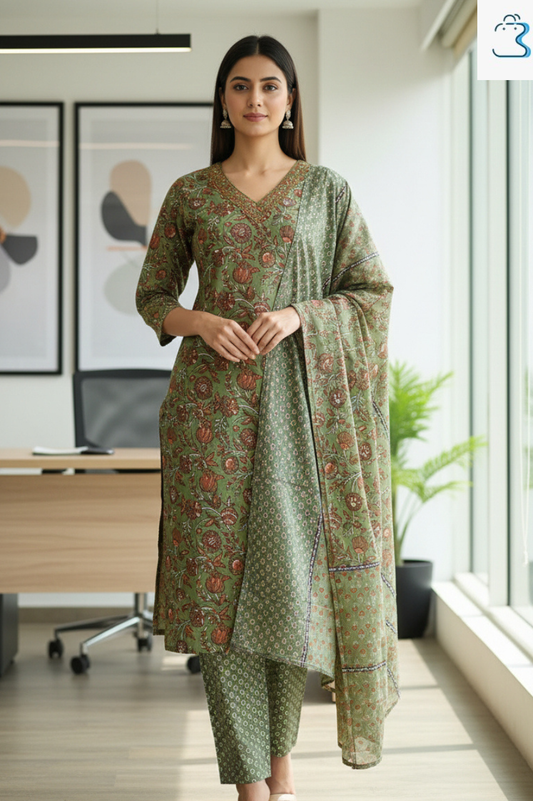 Olive Green Floral Printed Cotton Kurti Set for Women