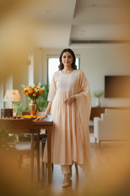 Light Peach Thread Embroidered Anarkali Kurta Set with Dupatta