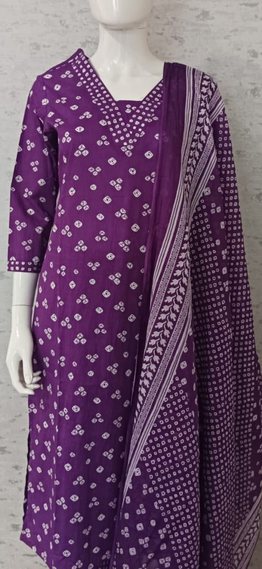 Purple Block Printed Cotton Salwar Kameez Set with Dupatta