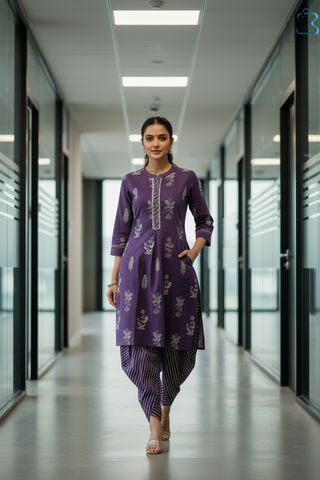 Purple Ethnic Printed Cotton Kurti  Dhoti Style Set for Women