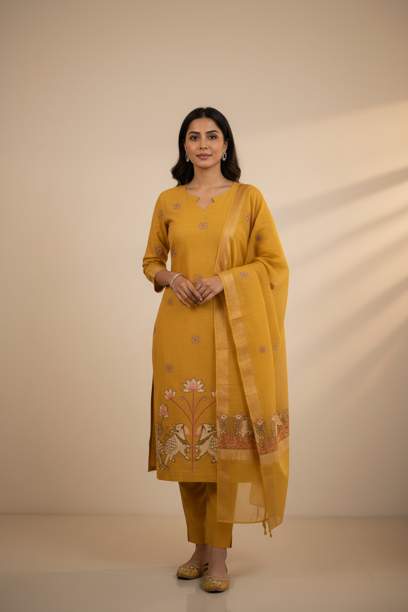 Yellow Pichwai work Jamdhani Dupatta Set For Women