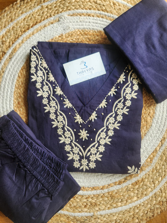 Navy Blue Floral Embroidered Cotton Kurti Set with Dupatta