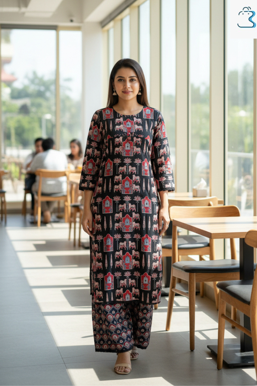 Black Ethnic Printed Cotton Kurti Set for Women
