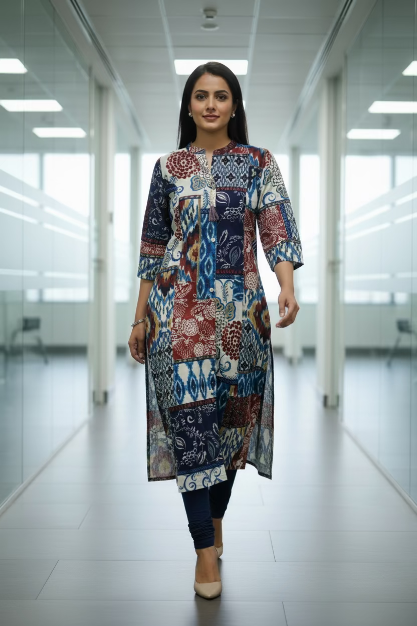 Blue  Floral Printed A-Line Kurti