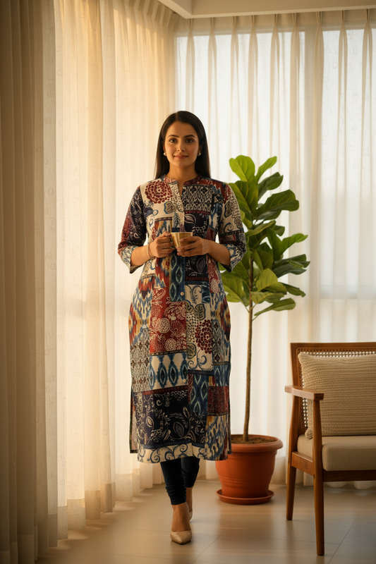 Blue  Floral Printed A-Line Kurti