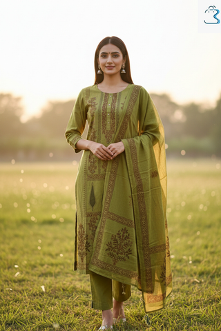 Mehandi Green Printed Straight Cotton Kurti Set for Women