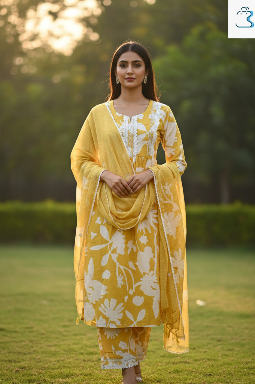 Yellow Floral Printed Kurti Set with Lace Detailing for Women