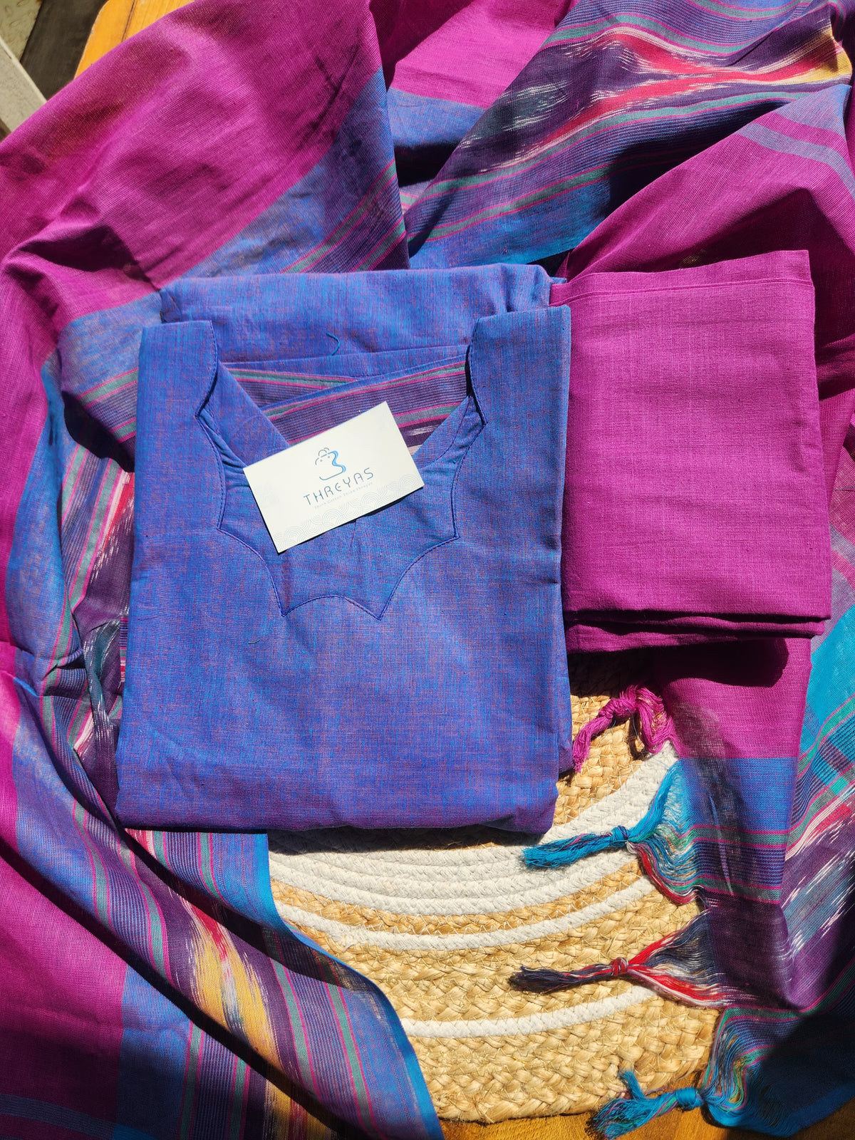 Purple Ikat  South Cotton Kurti Set with Dupatta