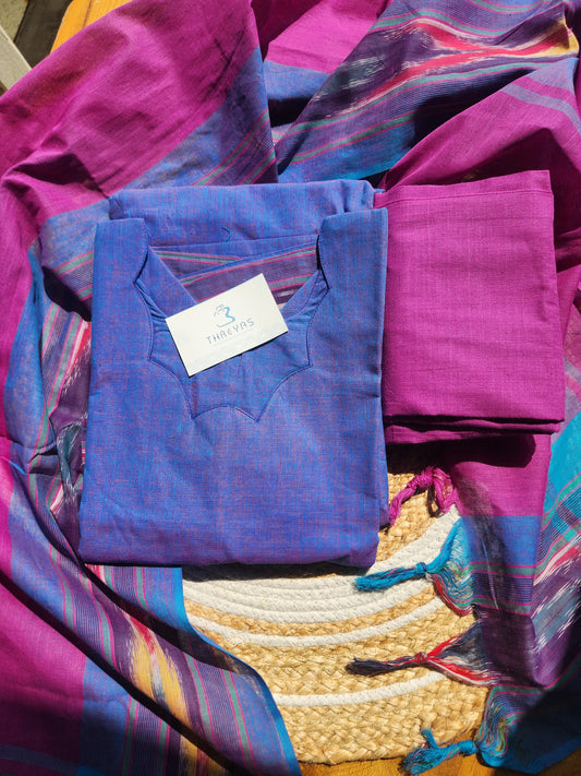 Purple Ikat  South Cotton Kurti Set with Dupatta