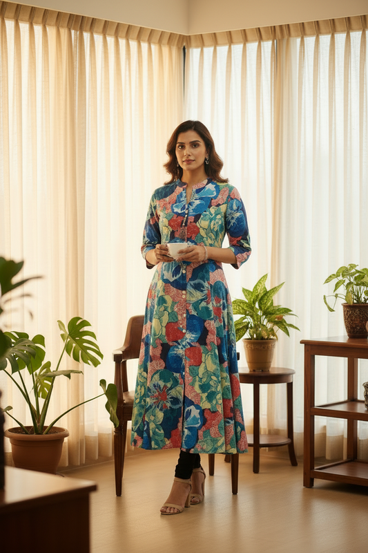 Green Floral Printed A-Line Kurti