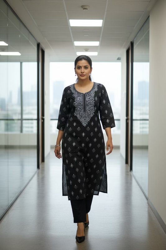 Black Buti Printed Long Kurti for Women