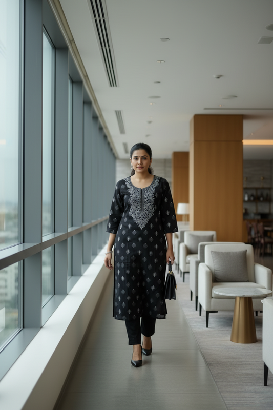 Black Buti Printed Long Kurti for Women