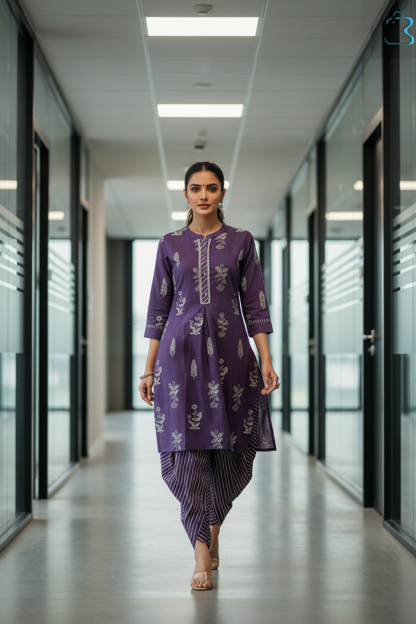 Purple Ethnic Printed Cotton Kurti  Dhoti Style Set for Women