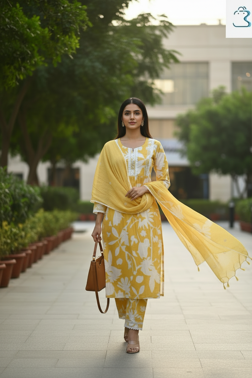 Yellow Floral Cotton Kurta Set with Dupatta & Lace