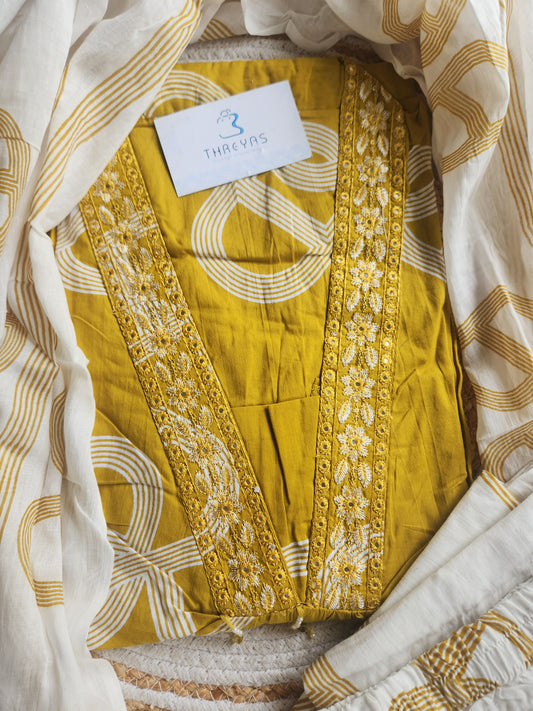 Mustard Yellow Abstract Printed Cotton Kurti Set for Women with Dupatta