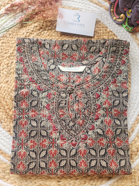 Gray with Red Ajarakh A-Line kurti