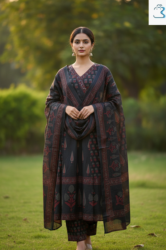 Black & Maroon Printed Anarkali Kurti Set for Women