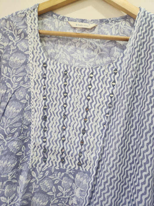 Grey Cotton Kurta Set with Dupatta – Mirror Work