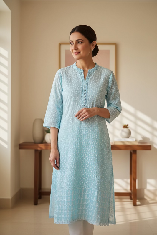 Blue Chikankari Long Kurti for Women