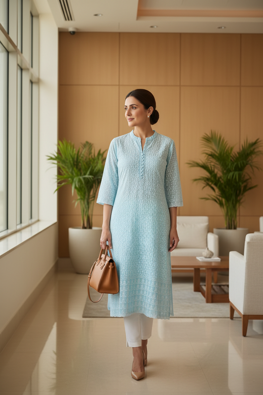 Blue Chikankari Long Kurti for Women