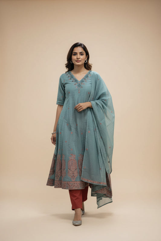 Sea Green Anarkali Jamdani Dupatta Set For Women