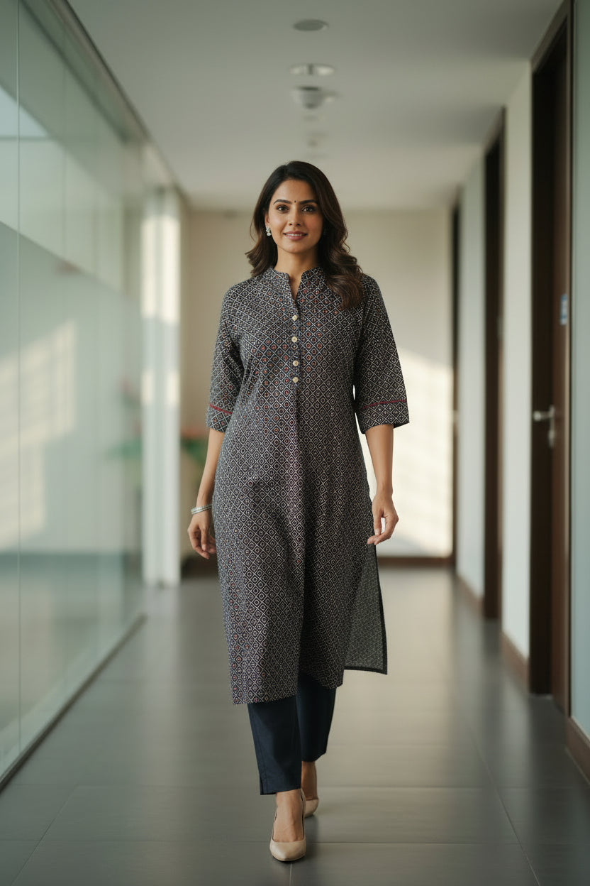 Black Ajarakh Printed Long Kurti for women