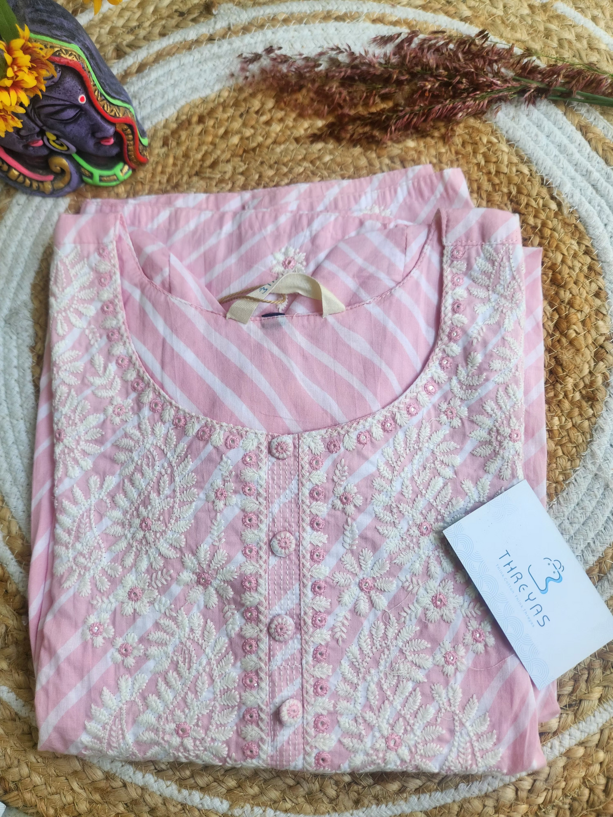 Baby Pink Threadwork Long Kurti for Women