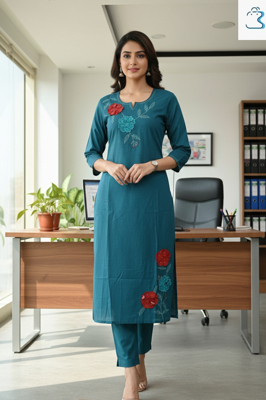 Teal Cotton Kurti Set for Women – Elegant Embroidered Ethnic Wear