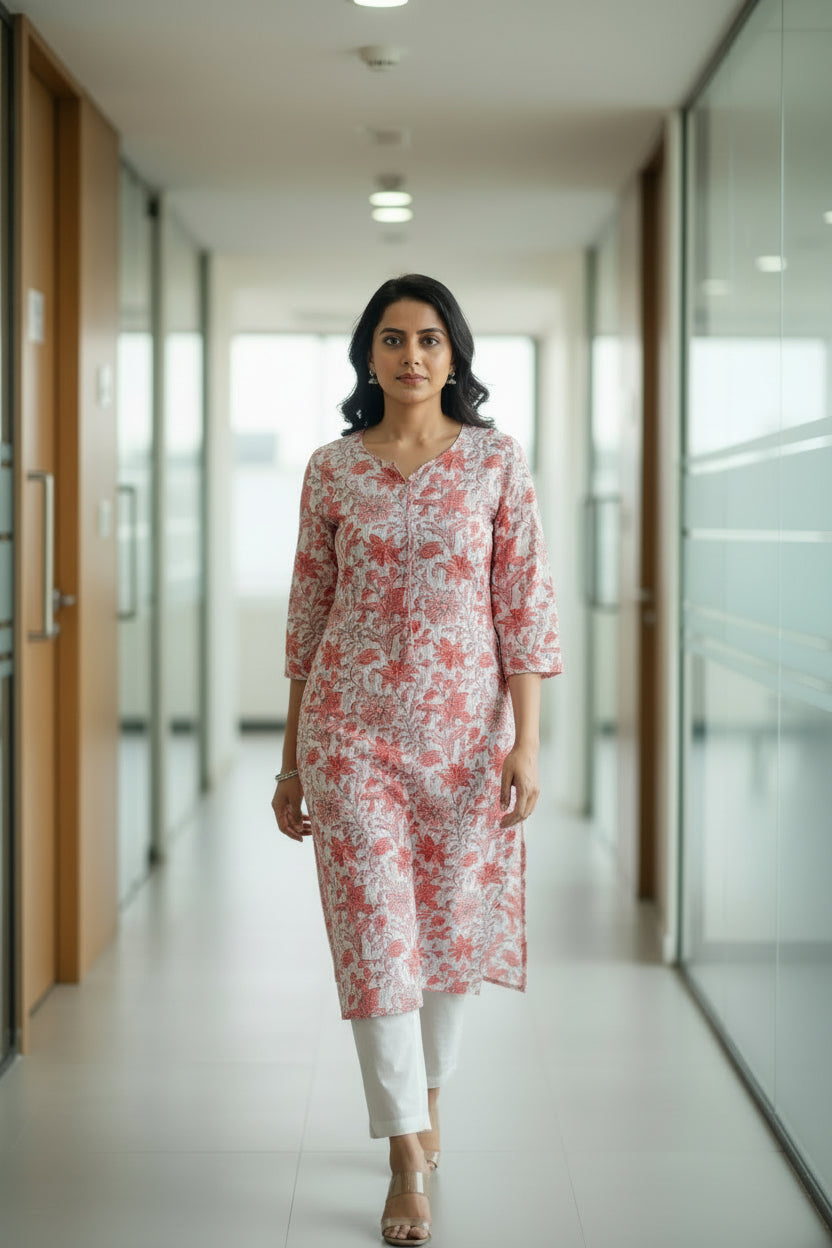 Peach floral Long Kurti for women