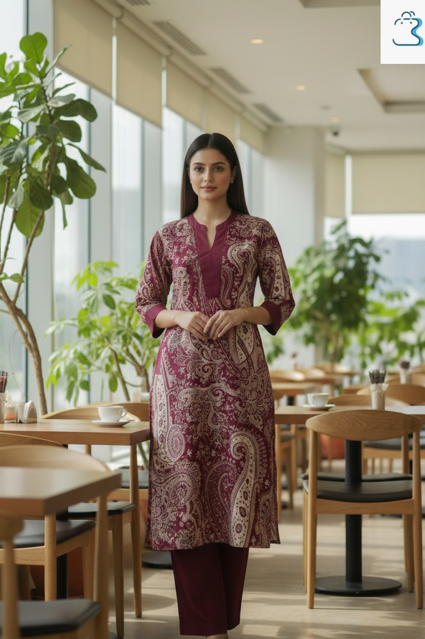 Maroon & Beige Paisley Printed Kurti Set for Women