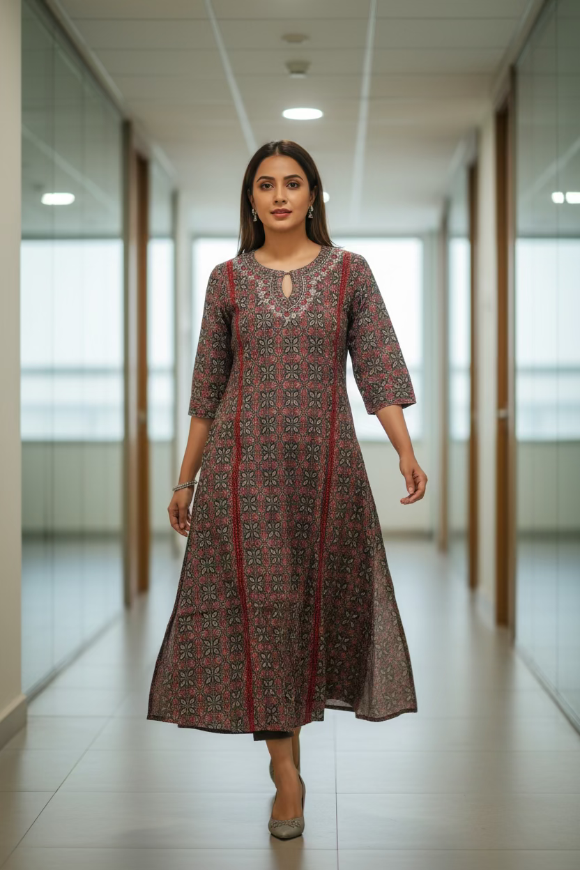 Gray with Red Ajarakh A-Line kurti