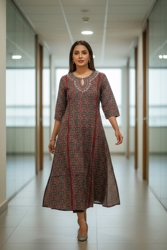 Gray with Red Ajarakh A-Line kurti