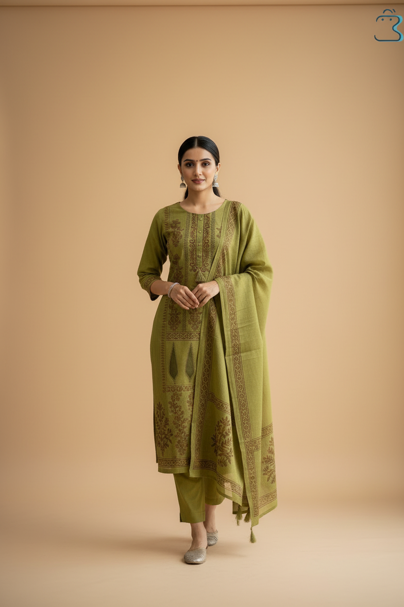 Mehandi Green Printed Cotton Kurta Set with Dupatta