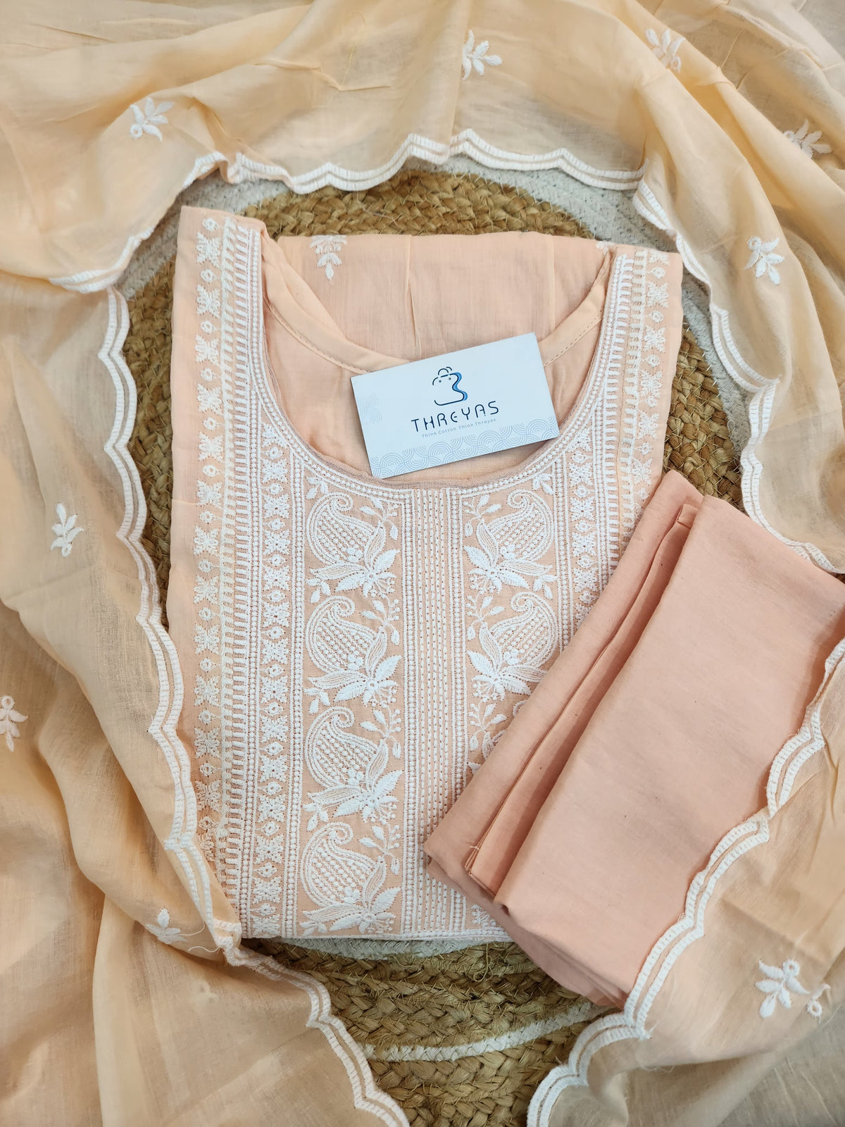 Light Peach Thread Embroidered Anarkali Kurta Set with Dupatta