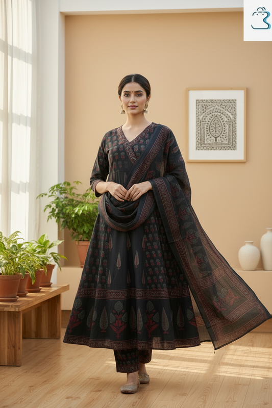 Black & Maroon Printed Anarkali Cotton Kurta Set with Dupatta