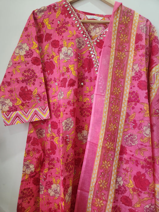 Pink & Yellow Angarkha Anarkali Cotton Kurta Set with Dupatta